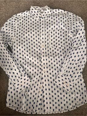 Men's White Button-Up Shirt with Blue Geo Print